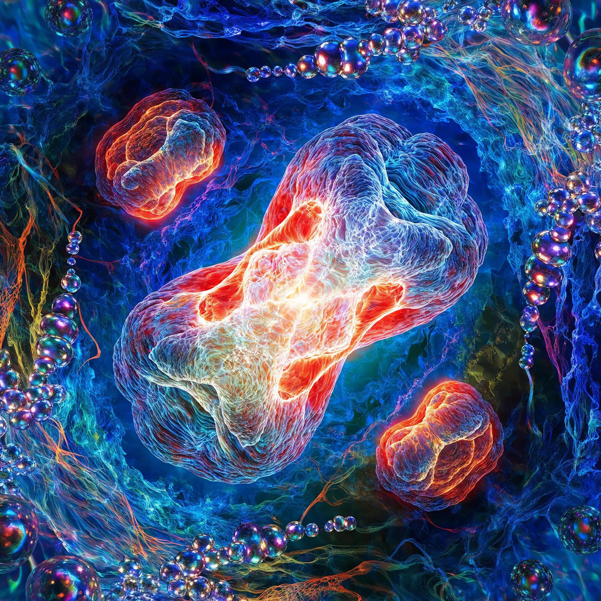 Abstract depiction of mitochondria and telomeres representing cellular energy production and aging biology