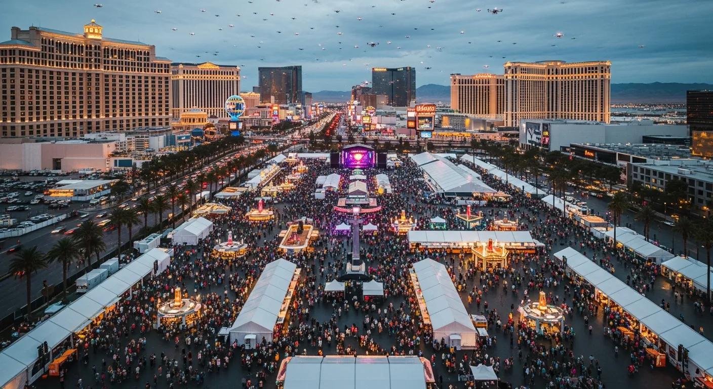 Aerial shot of a bustling Las Vegas event, highlighting the unique perspectives of drone cinematography