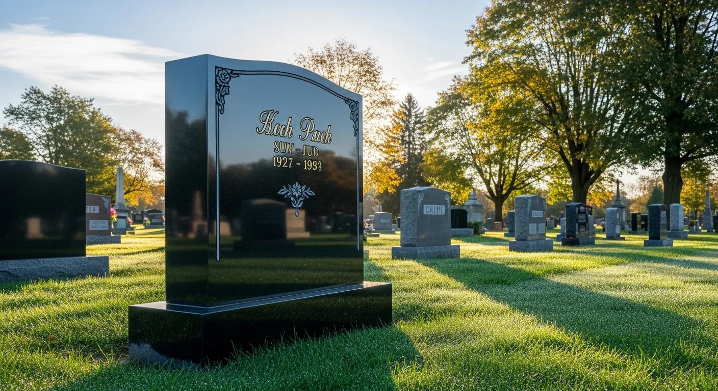 Polished black granite luxury headstone resting in a peaceful cemetery