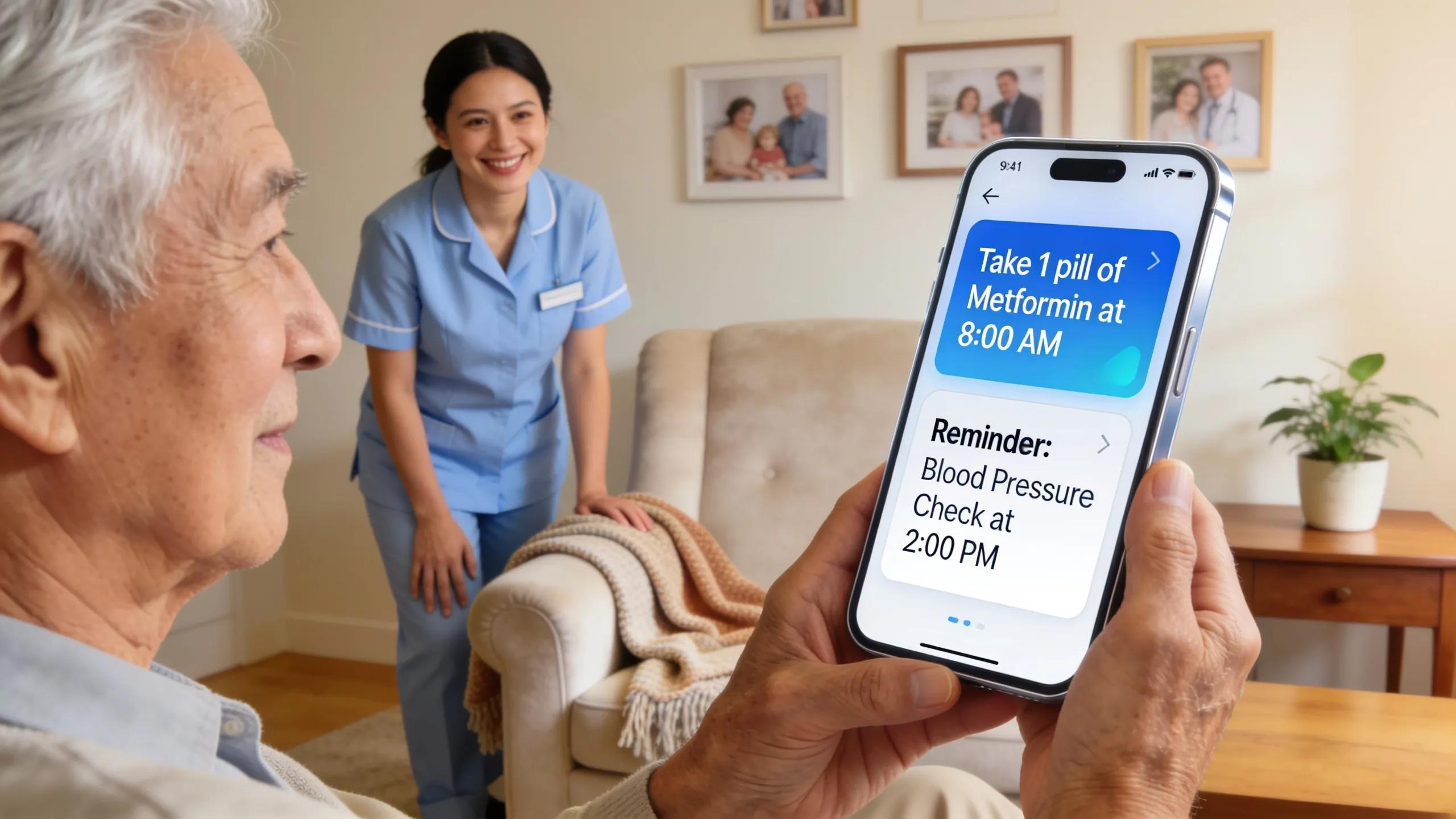 Senior using a smartphone with medication reminders in a cozy living room