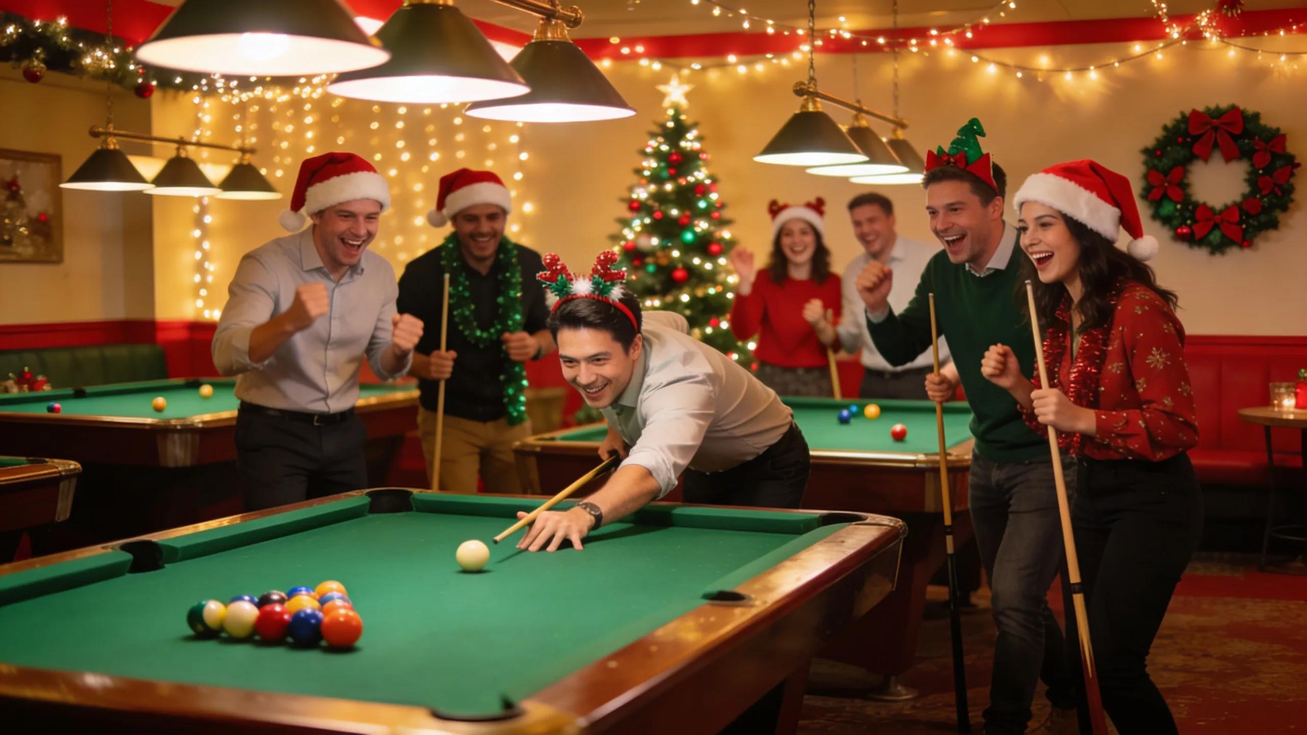 Corporate employees enjoying a festive pool competition at a Christmas party