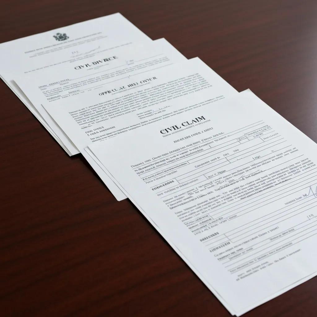 Selection of legal documents including divorce papers and civil claim forms