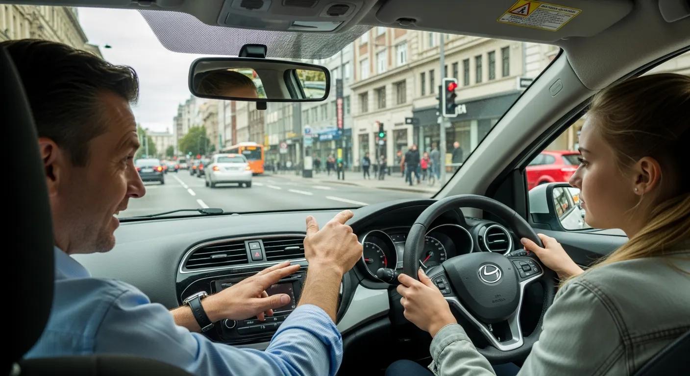 Driving instructor teaching a young student in an urban setting, focusing on safe driving techniques