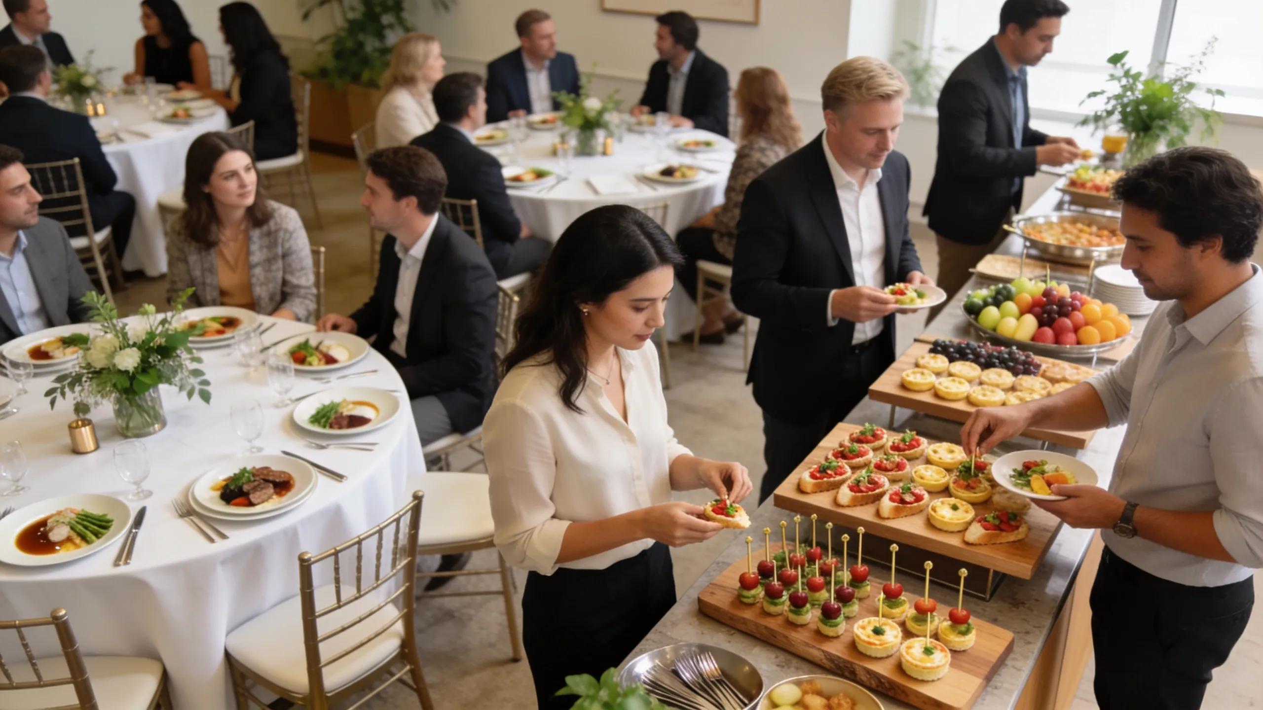 Corporate event catering showcasing formal and informal dining options
