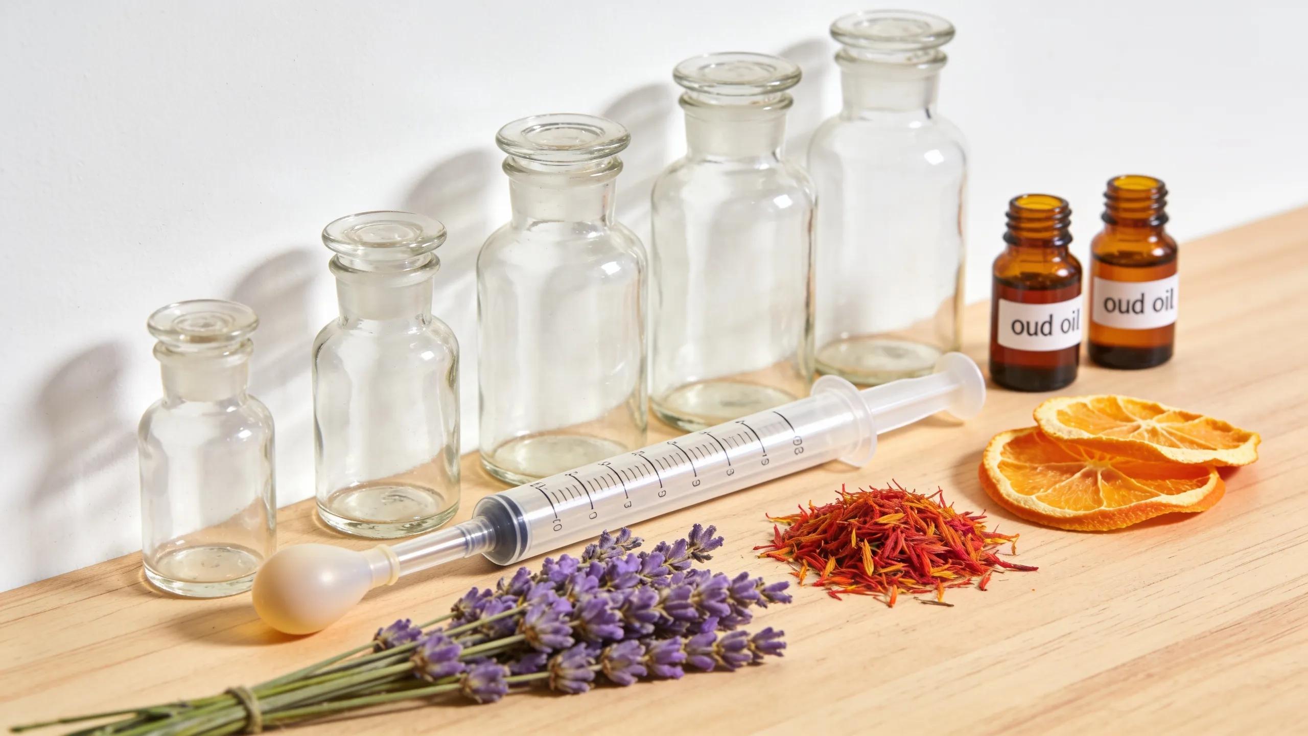 DIY oud perfume ingredients on a countertop ready for blending