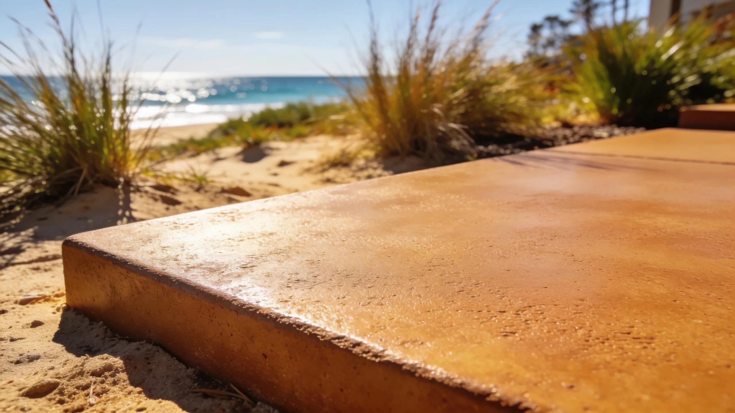 Close-up of integral colour concrete showcasing durability and UV resistance in a coastal landscape.