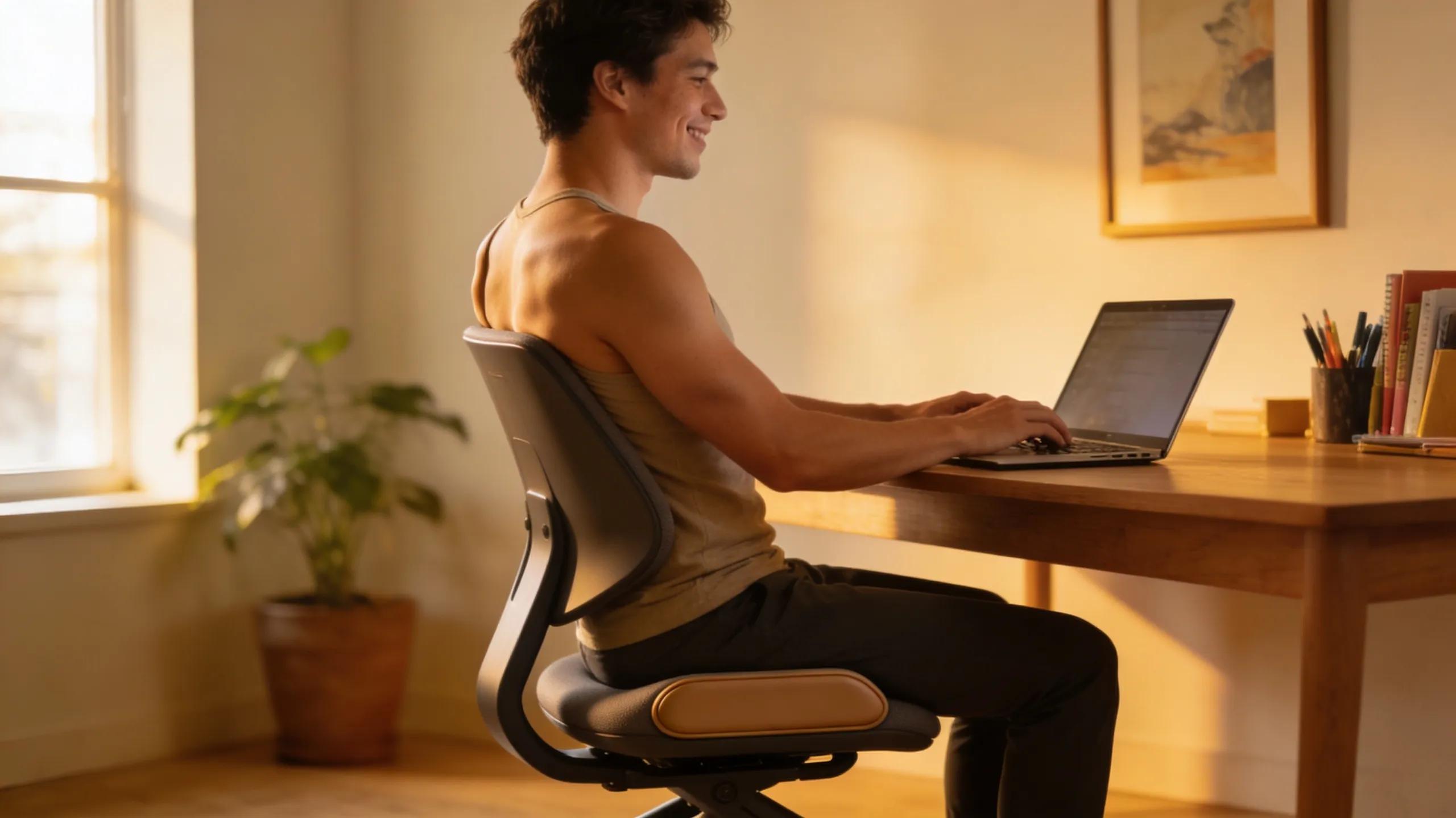 Satisfied user enjoying the benefits of an ergonomic kneeling chair in a stylish home office