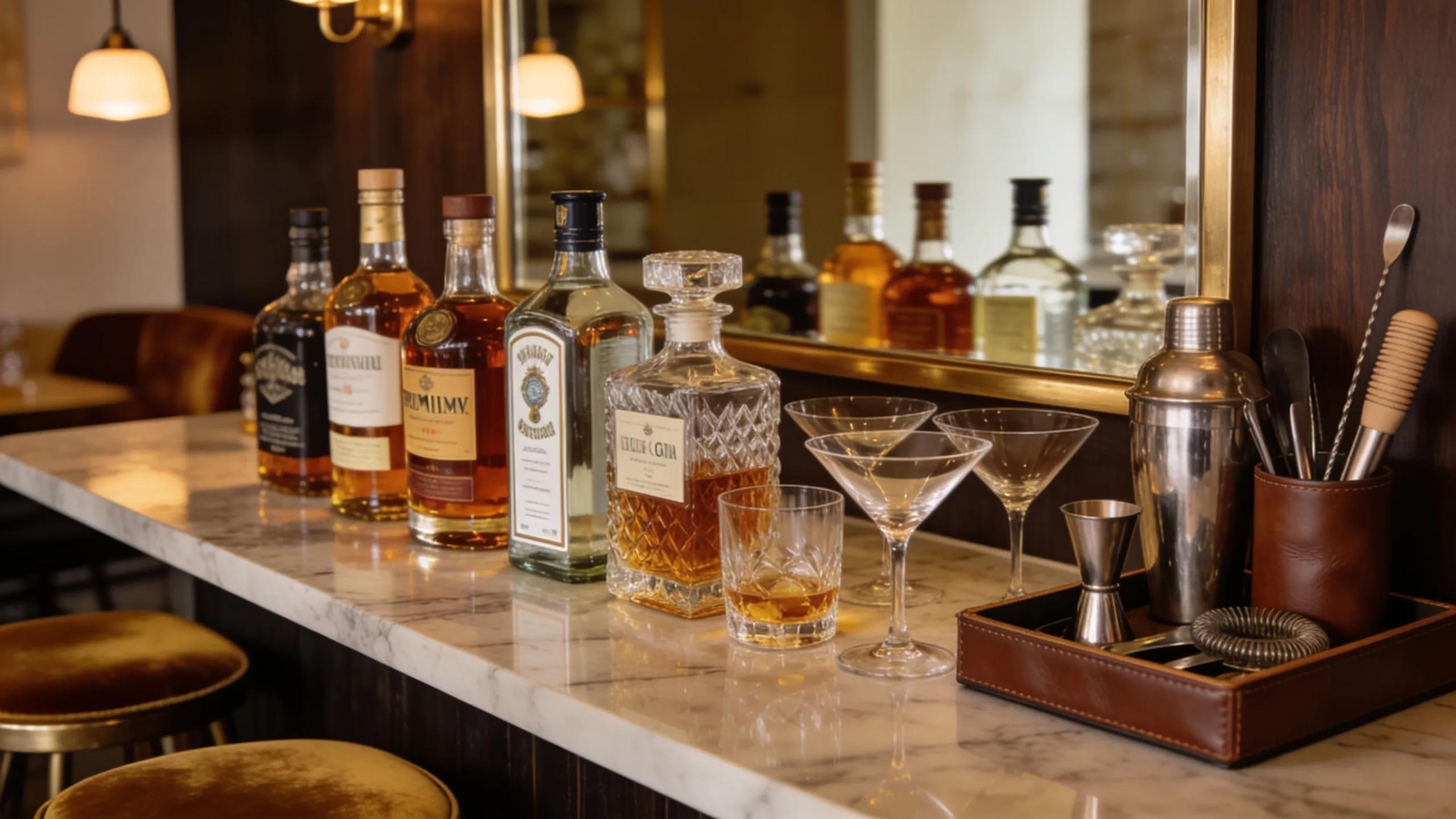 A stylish home bar setup featuring premium spirits including whiskey, gin, and vodka, highlighting luxury cocktail-making tools.