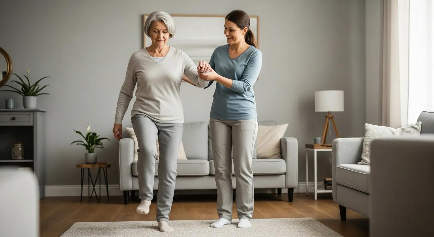 Older adult practicing simple balance exercises with caregiver support in a safe home setting