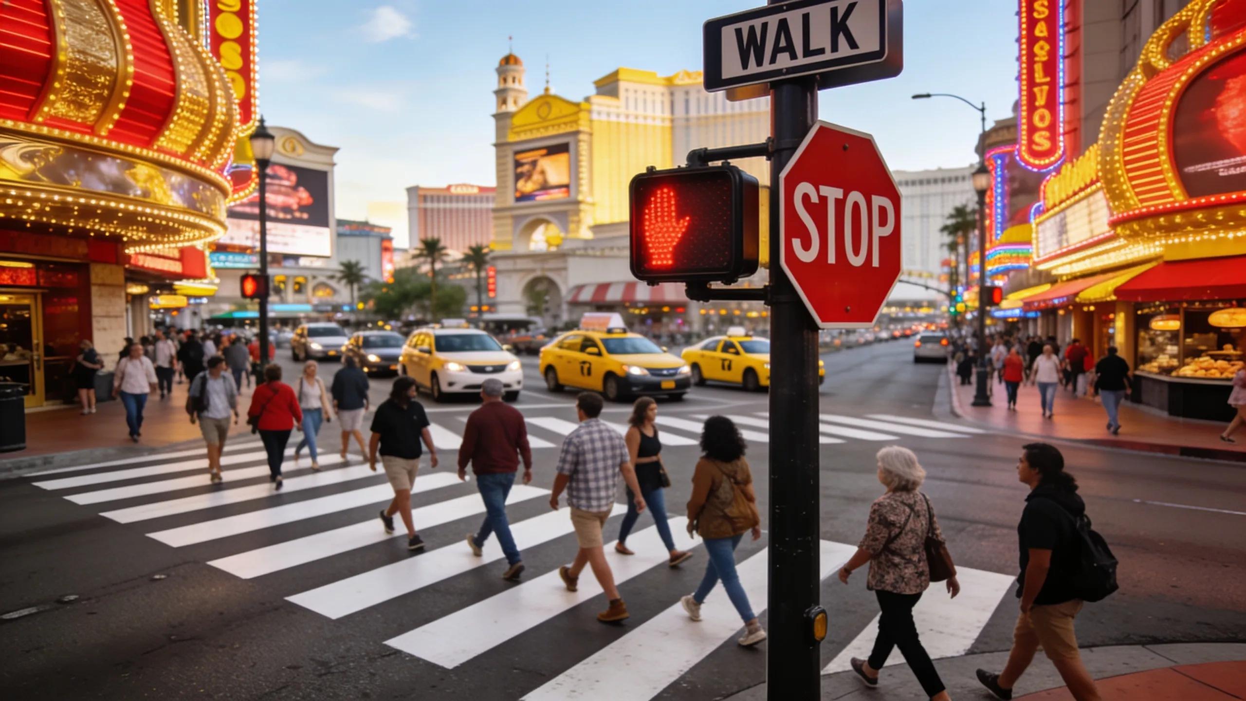 Pedestrians crossing safely at a crosswalk in Las Vegas, highlighting pedestrian rights