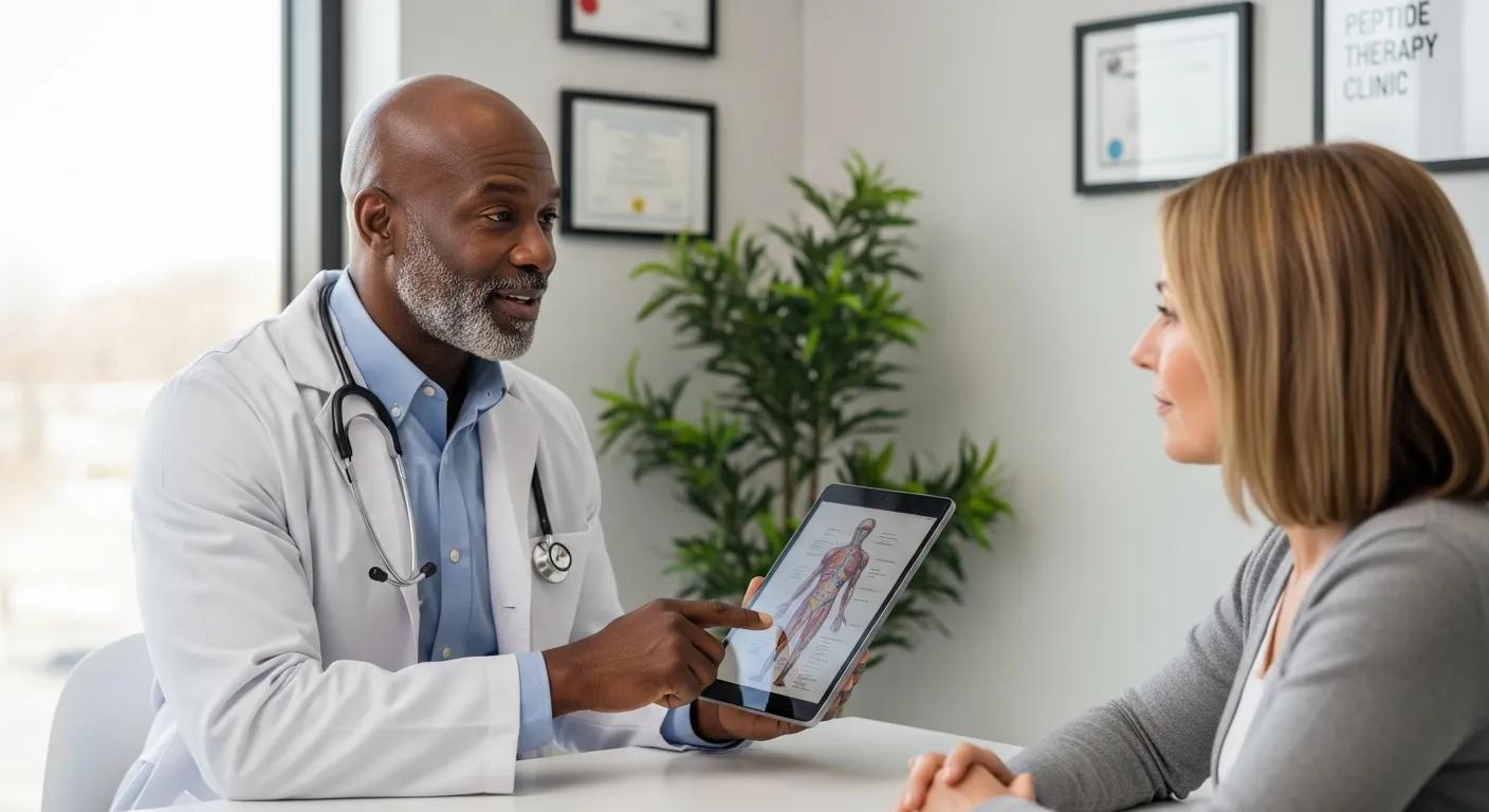 - An African American male physician, approximately 55 years old, bald with a black and gray beard, wearing professional medical attire, explaining peptide therapy benefits to a patient in a clinical setting