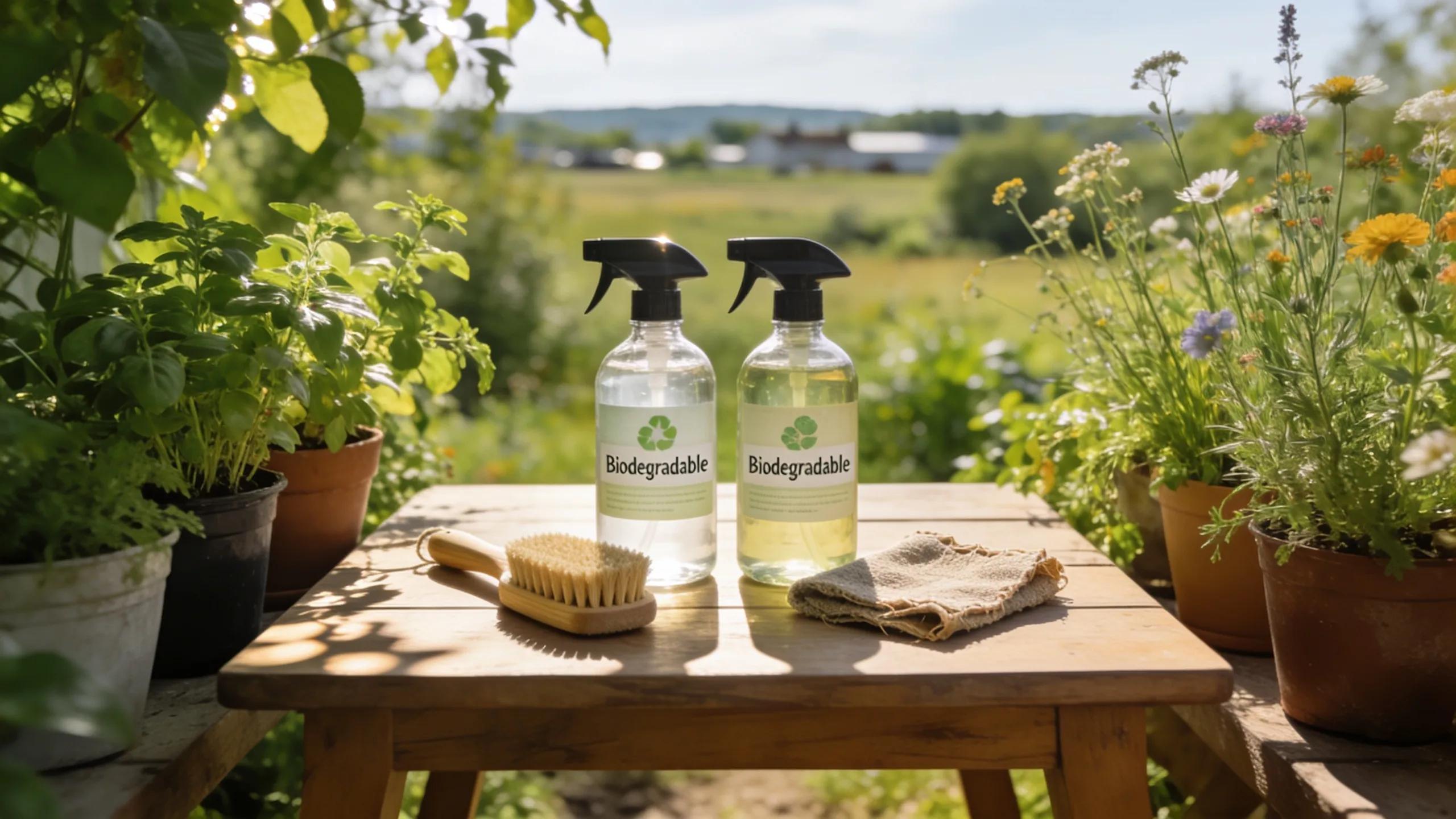 Eco-friendly cleaning products displayed in a natural outdoor setting, supporting sustainability in Mankato