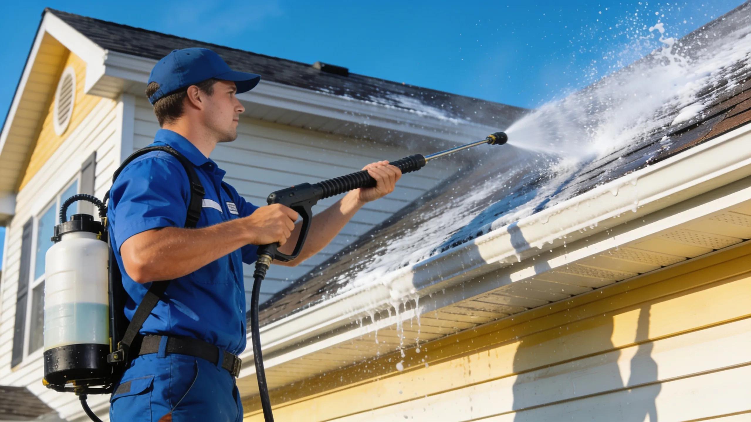 A cleaning technician performing soft washing on a house exterior, highlighting the technique's benefits and safety.