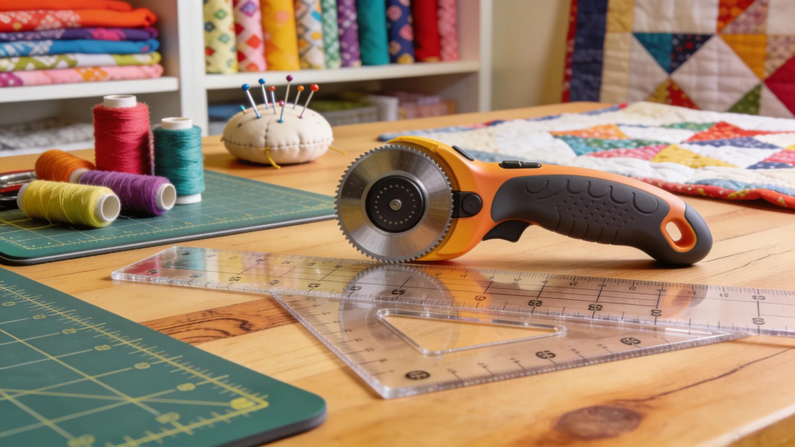 High-quality quilting tools including rotary cutters, rulers, and mats on a crafting table