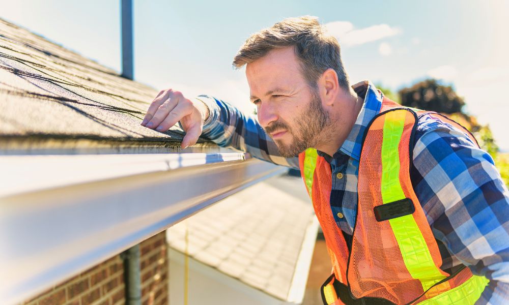 A building inspector or contractor closely examining the edge shingles and gutters during a professional roofing and maintenance assessment of a house.