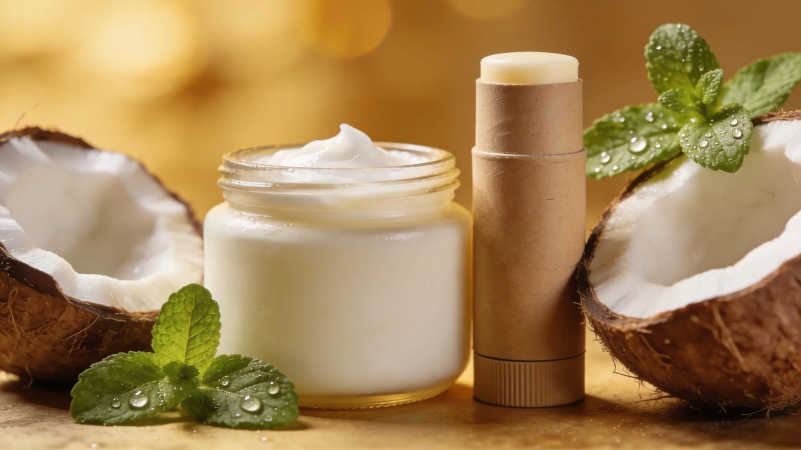 Organic coconut oil alongside natural deodorant stick and fresh mint, showcasing the moisturizing benefits of coconut oil in skincare.