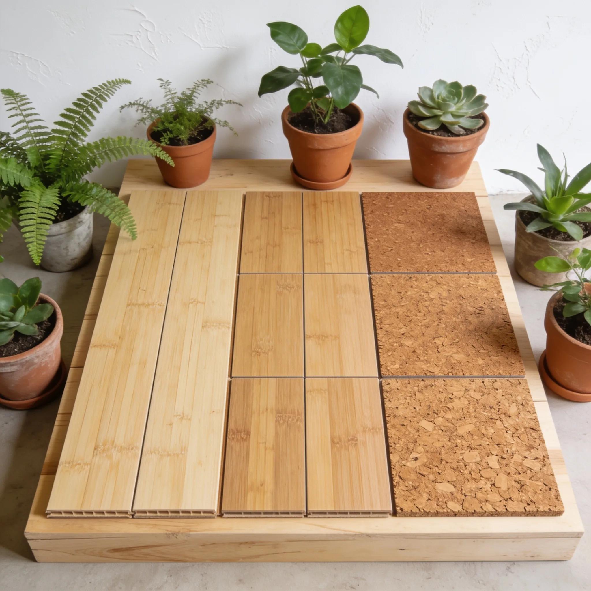 Bamboo and cork flooring samples in a bright, natural setting