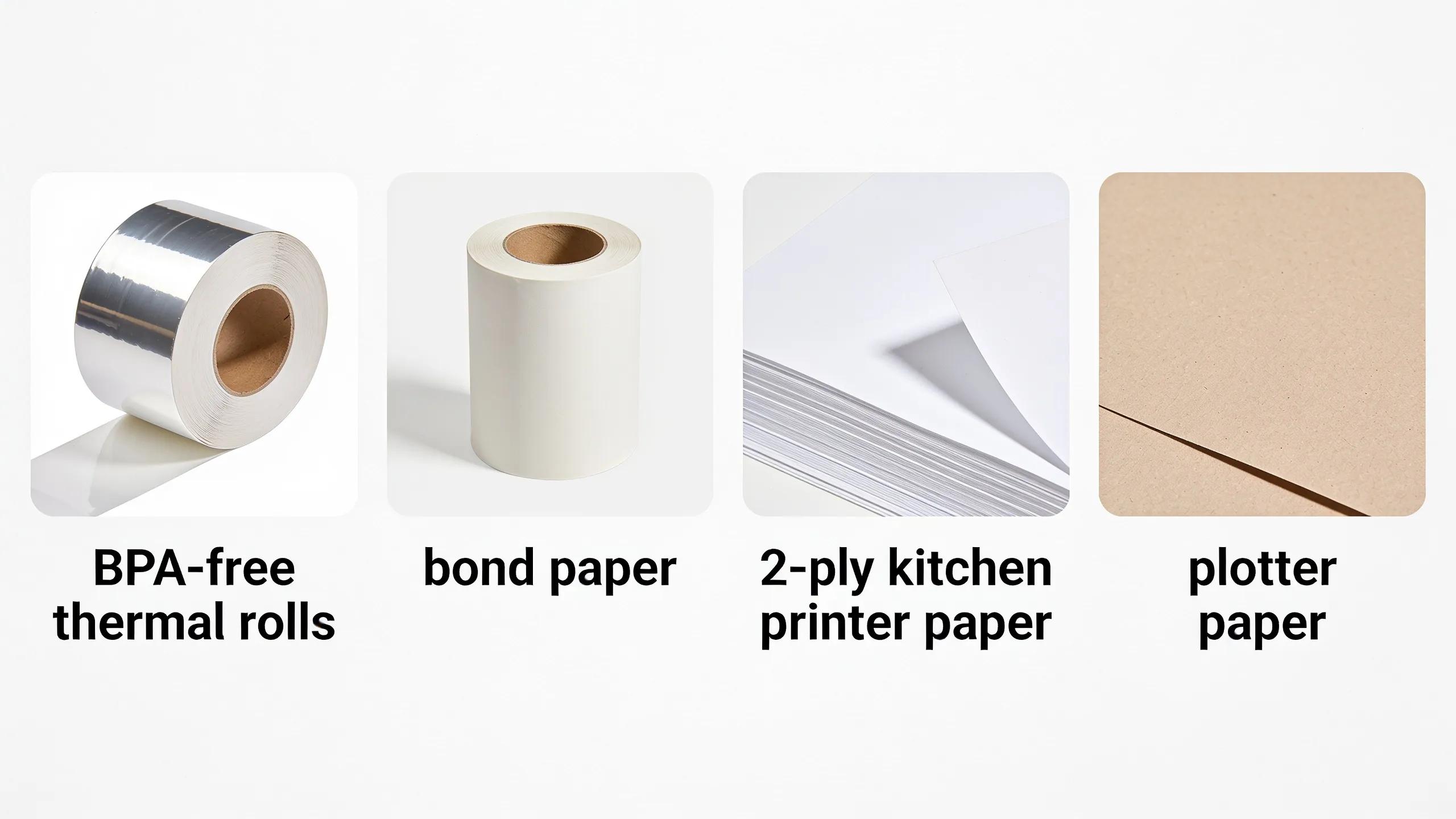 The inventory spans BPA-free thermal rolls, bond and 2-ply kitchen printer paper, plotter paper