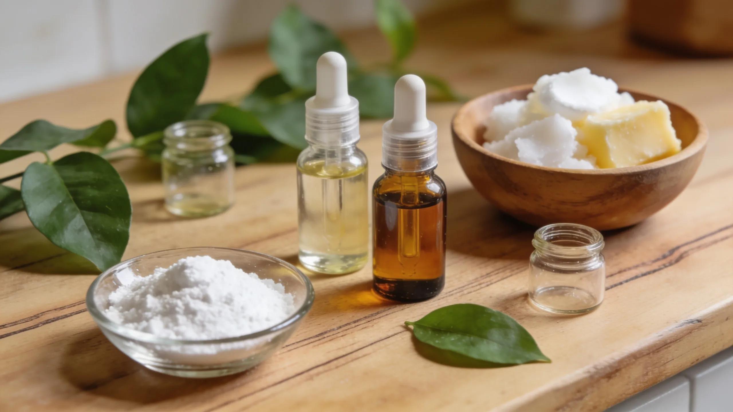 Close-up of natural ingredients for eco stain remover sheets, including sodium bicarbonate and essential oils, arranged attractively on a wooden surface