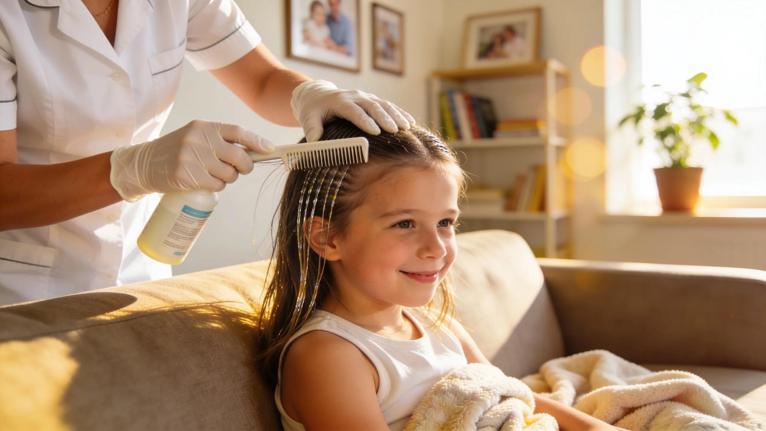 Mobile lice removal technician applying non-toxic treatment during in-home lice treatment session in Atlanta