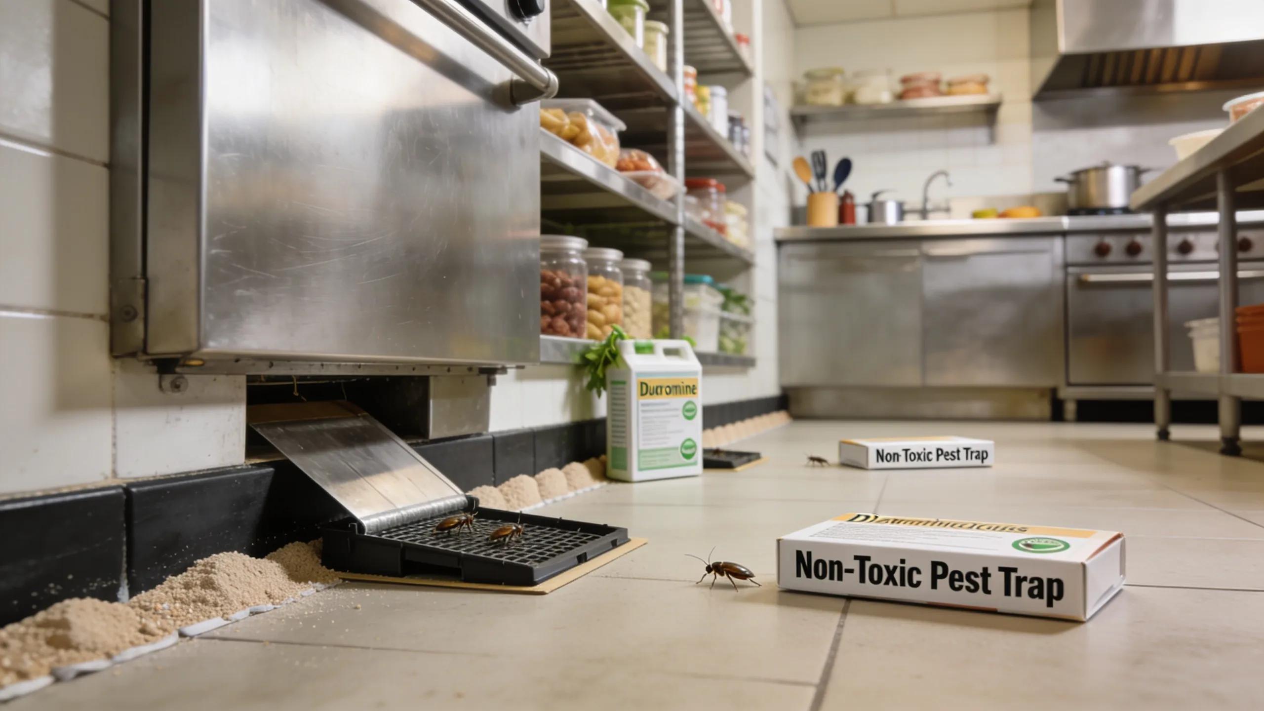 Eco-friendly pest control setup with non-toxic traps in a commercial kitchen