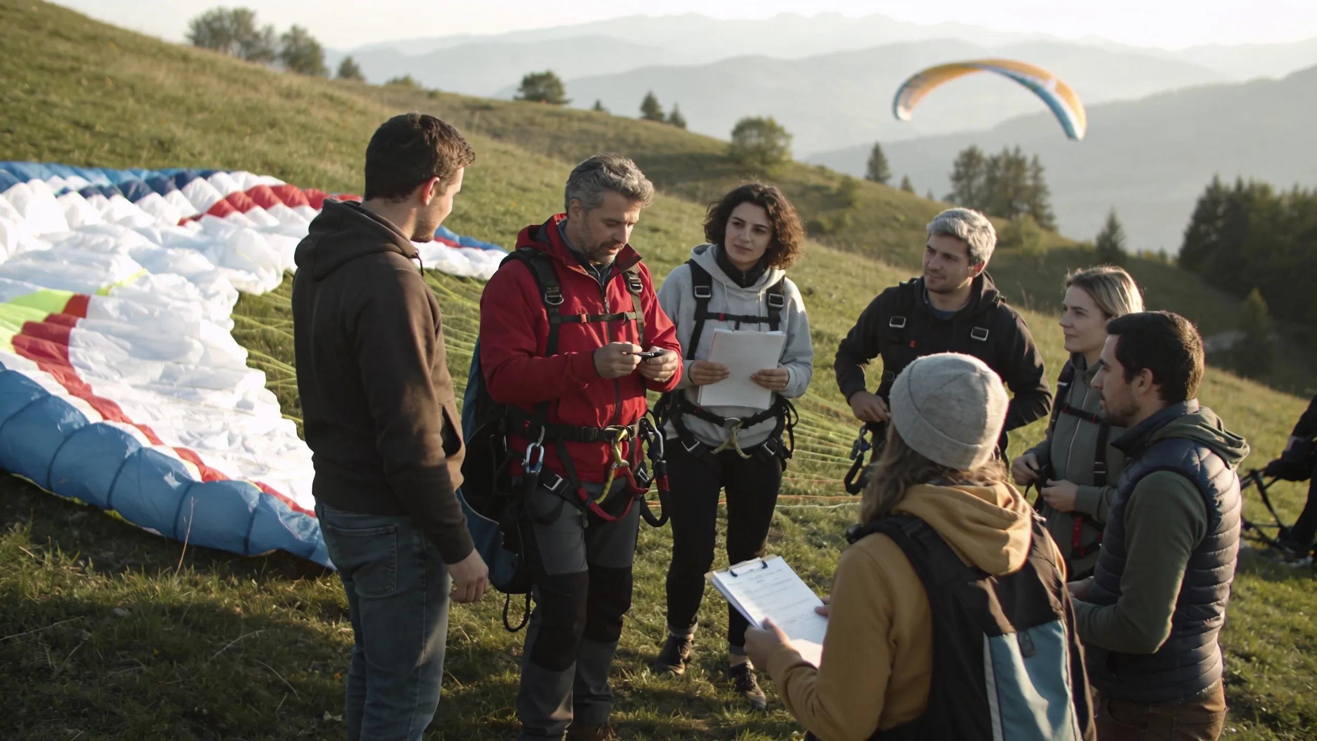 Beginners engaged in a paragliding training session with an instructor demonstrating safety protocols