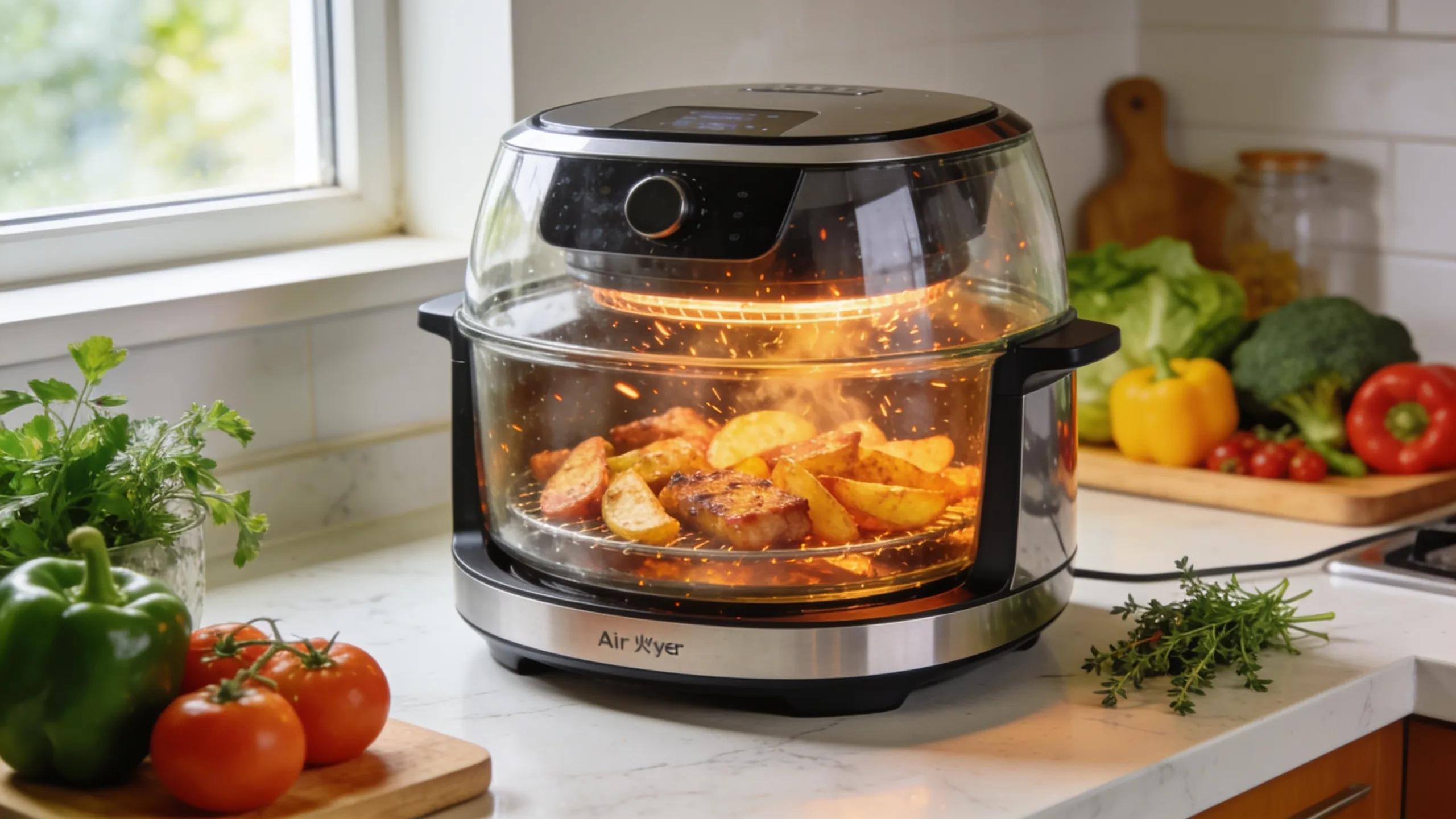 Modern glass air fryer in a bright kitchen showcasing healthy cooking options