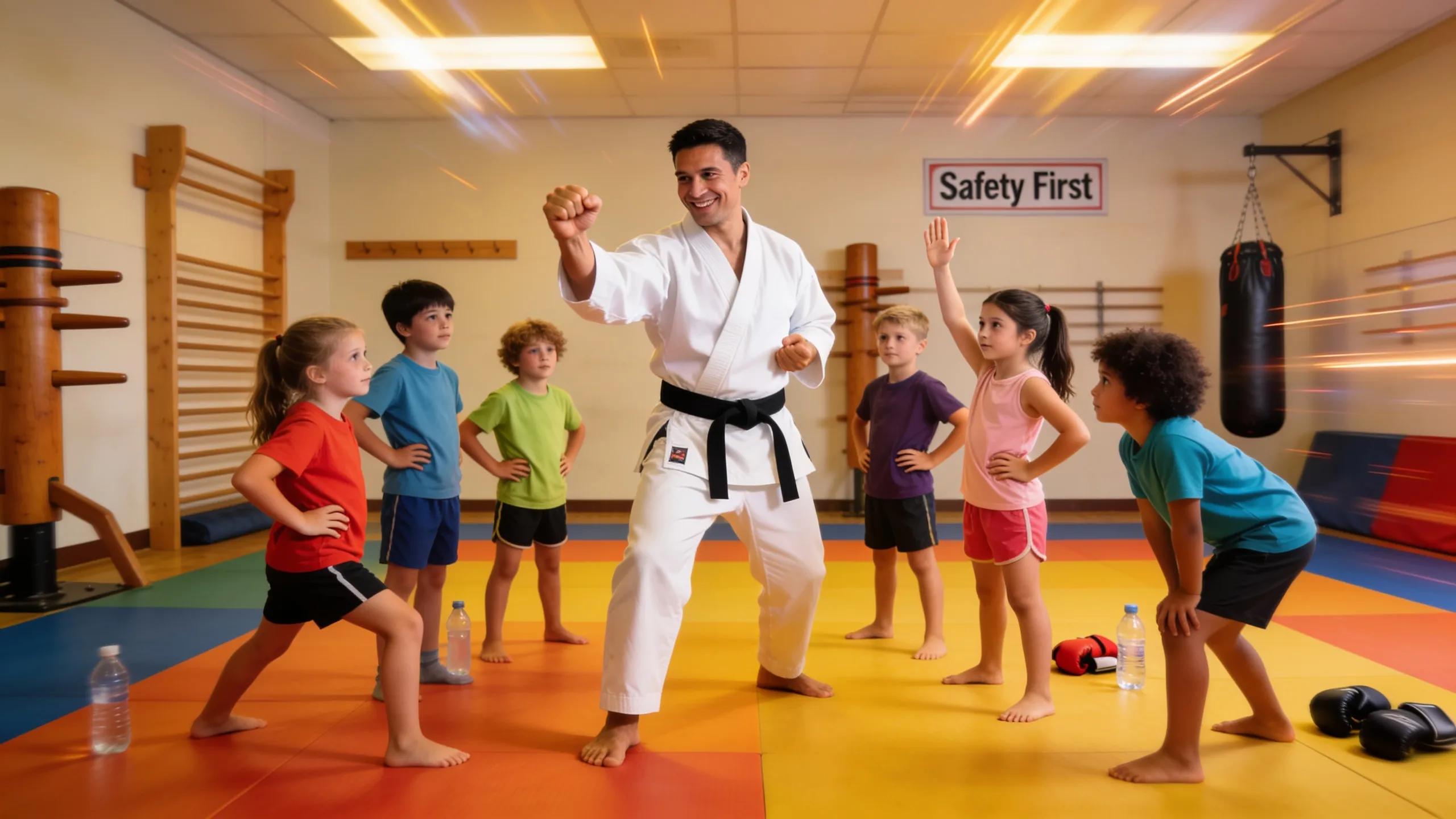 Karate instructor demonstrating techniques to kids in class, highlighting the engaging and educational approach of martial arts training