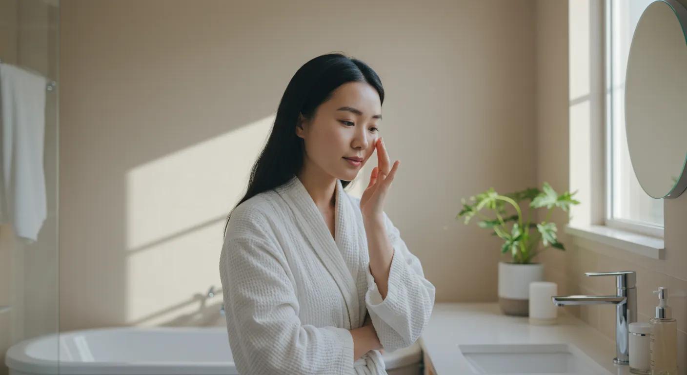 A person applying toner in a serene bathroom setting, illustrating the Korean skincare routine