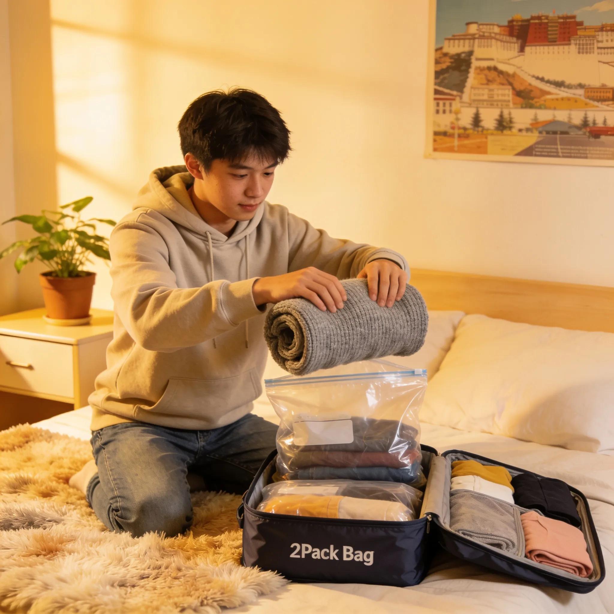 Student using packing techniques with 2PackBag for efficient travel