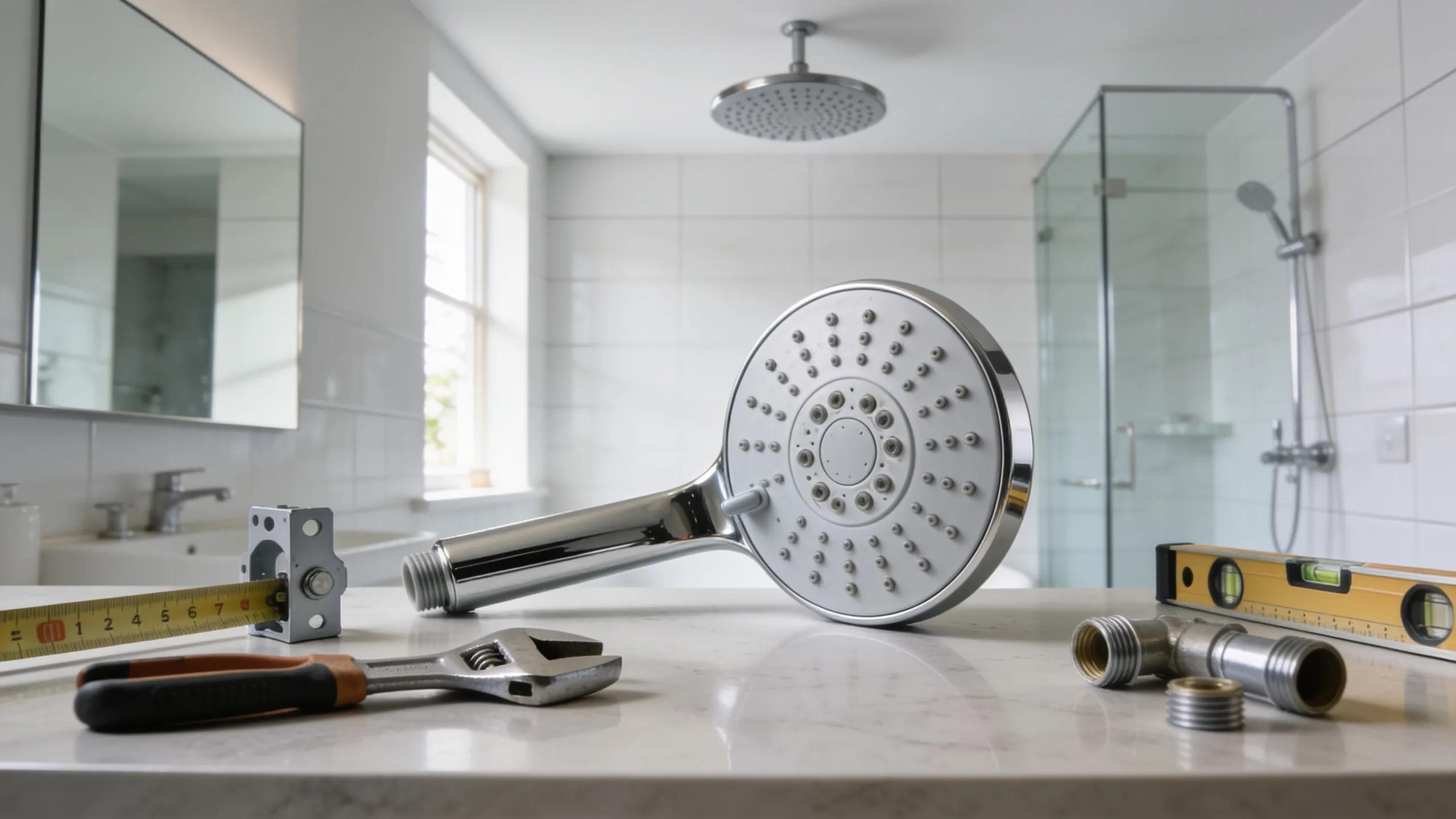 Installation of a rainfall shower head in a modern bathroom setting