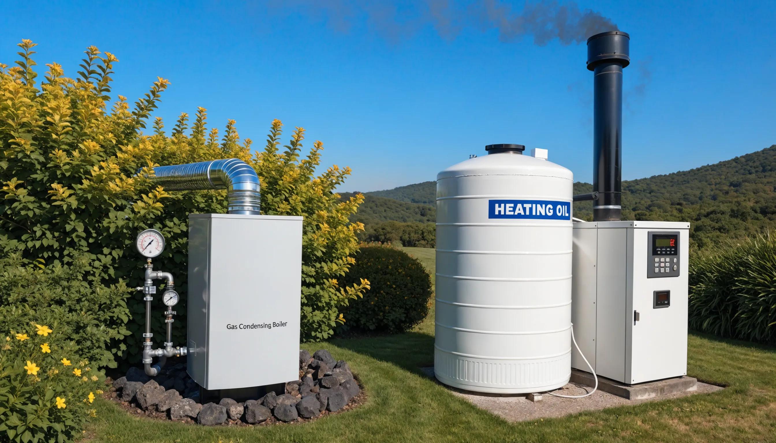 Gas heating system in a green landscape versus oil heating system with emissions