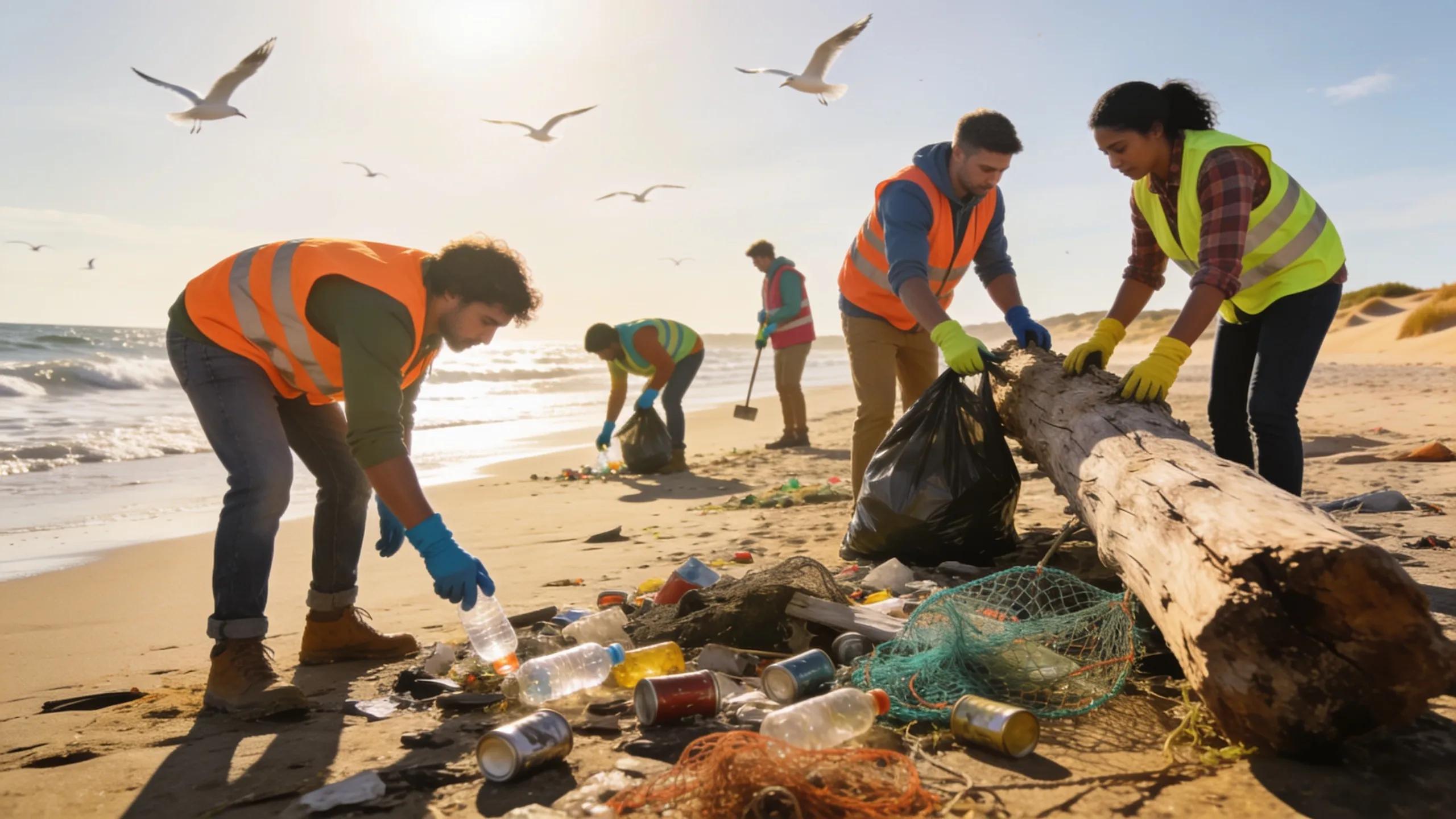 Volunteers cleaning a beach, demonstrating grassroots efforts in sustainability