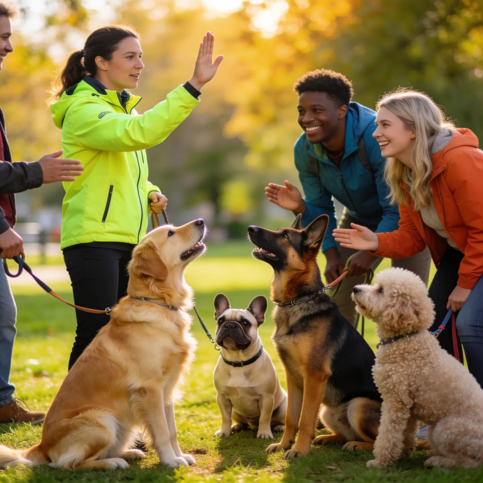 Group dog obedience training session illustrating the interactive learning process