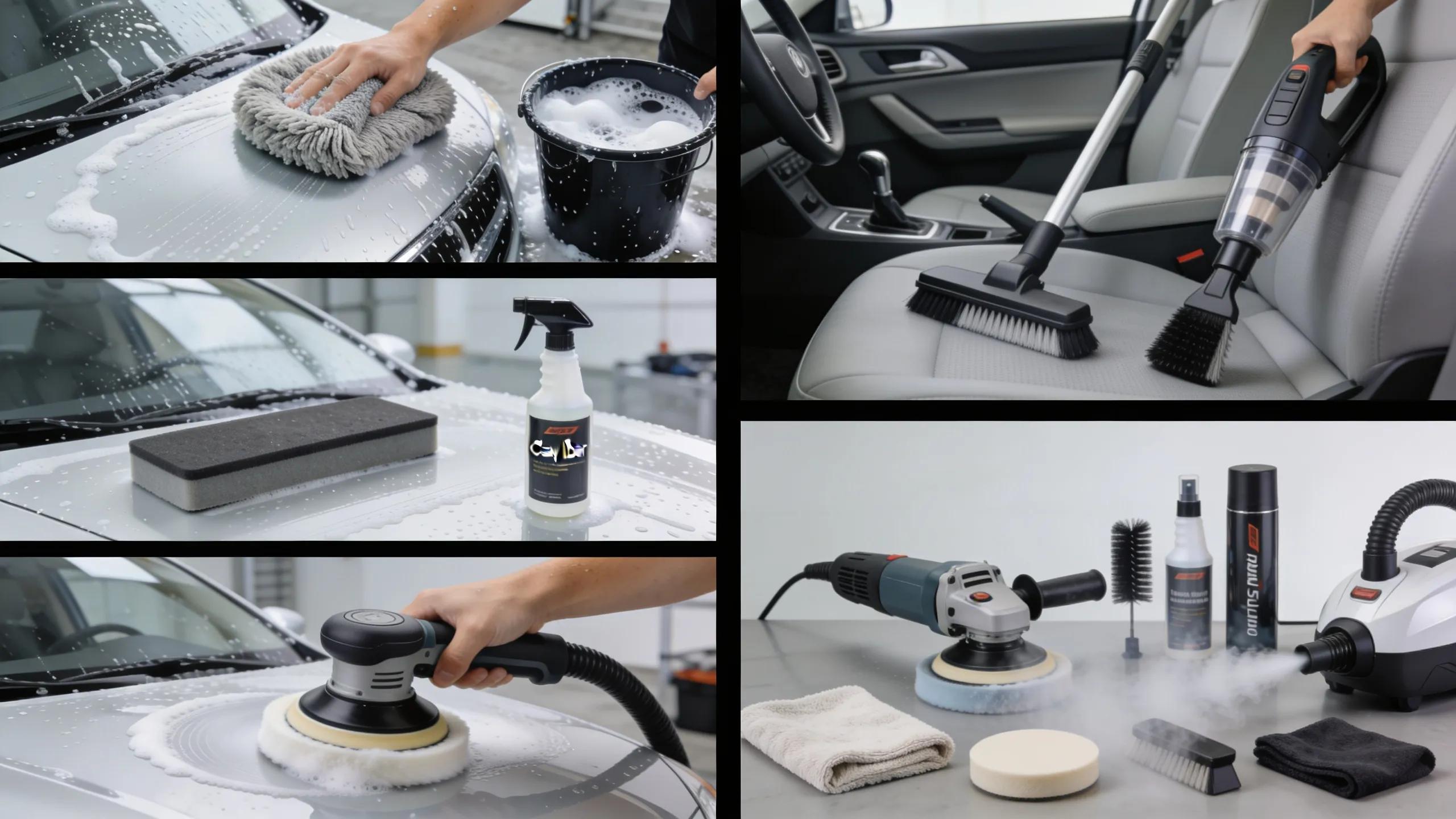 Various car detailing techniques including exterior washing and interior steam cleaning