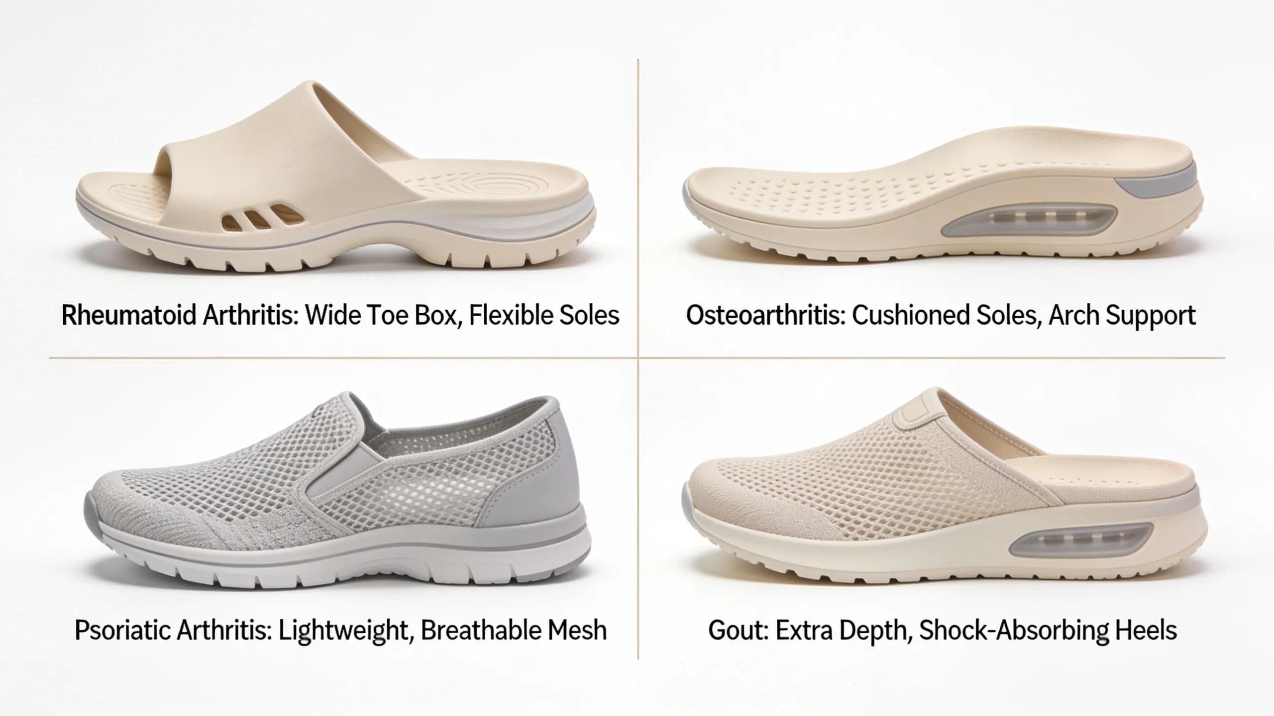 Array of arthritis-friendly footwear for different conditions, highlighting unique features