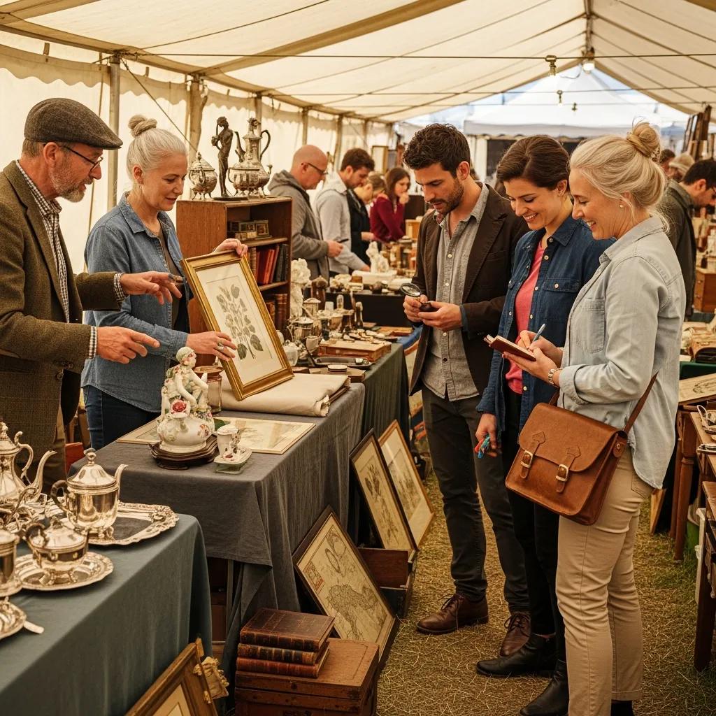 Antique dealers and collectors interacting at a fair — a scene of trust and community in the antiques world