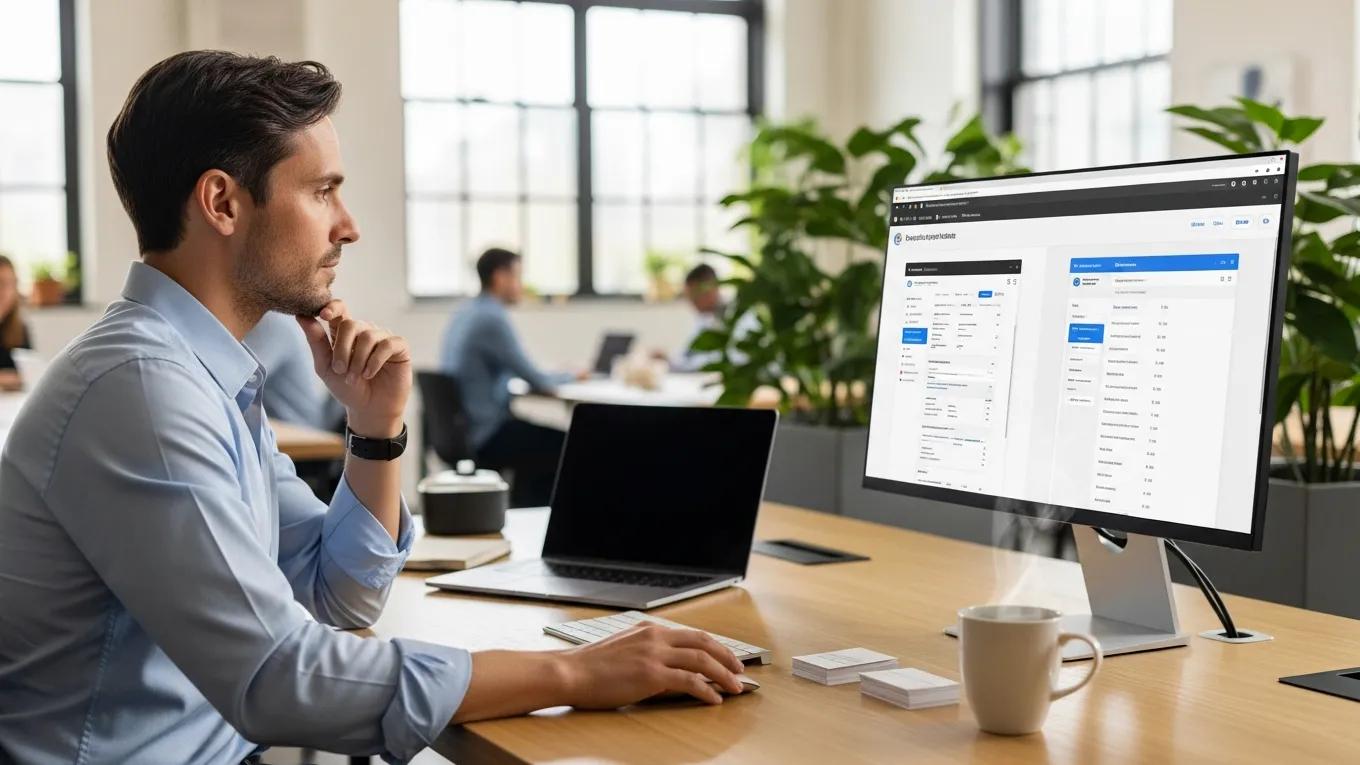 Person choosing bookkeeping software in a modern office setting