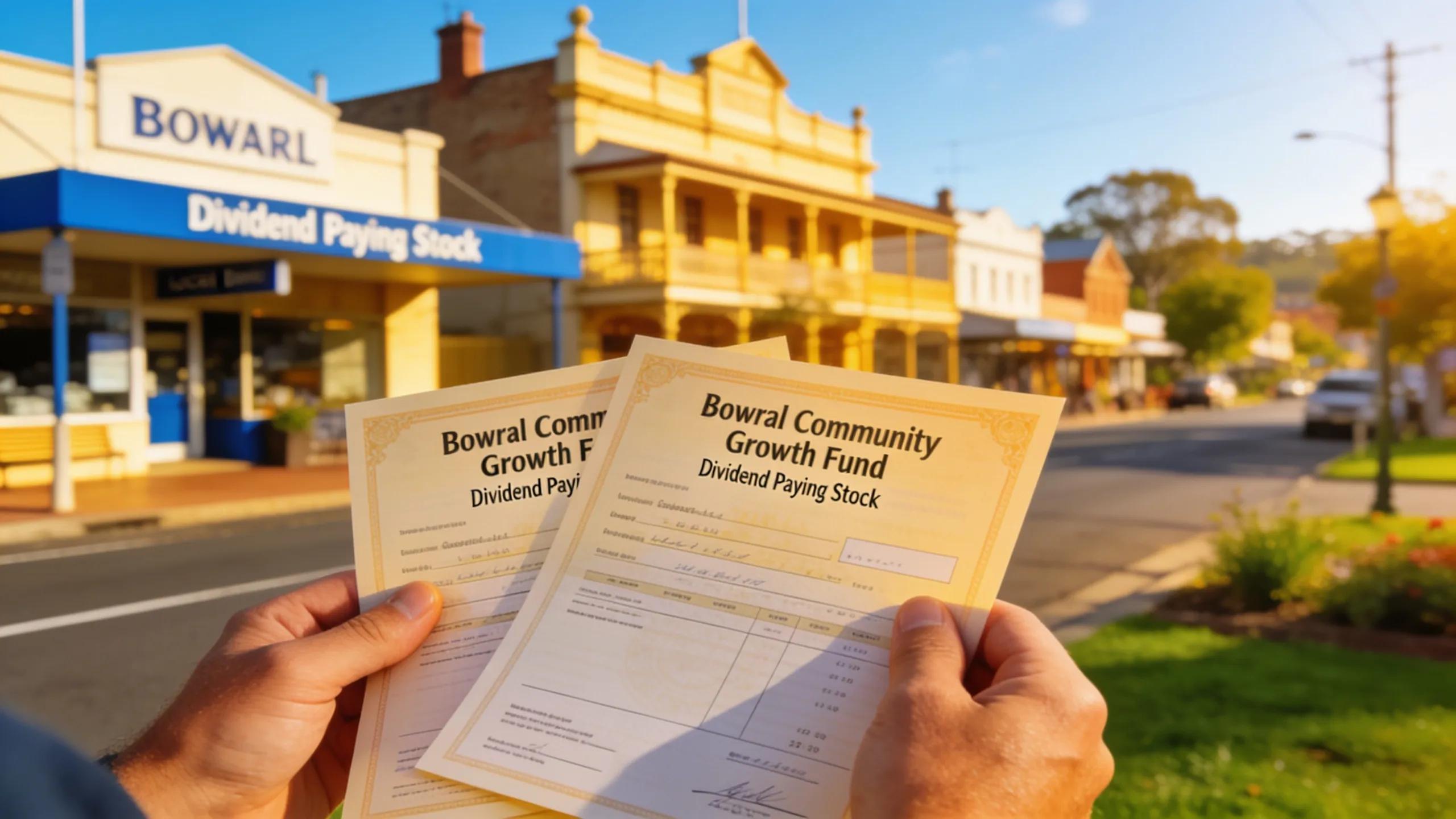 Close-up image of dividend stock certificates against a Bowral local backdrop, representing steady cash flow strategies