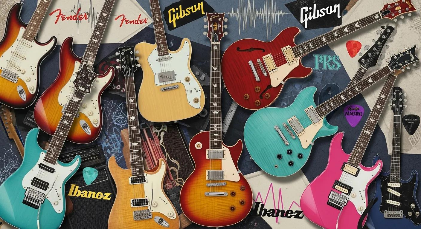 Collage of top electric guitar brands and popular models