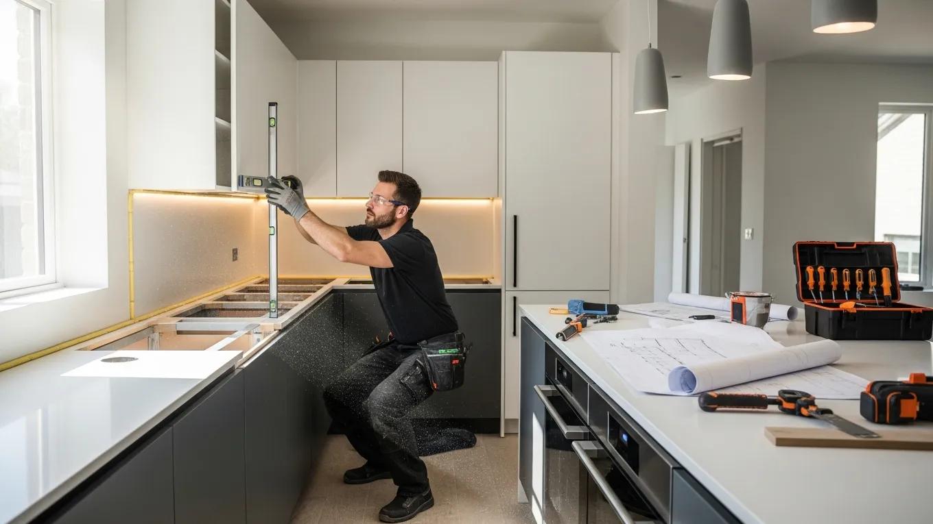 Contractor focusing on quality craftsmanship during a kitchen renovation with modern aesthetics
