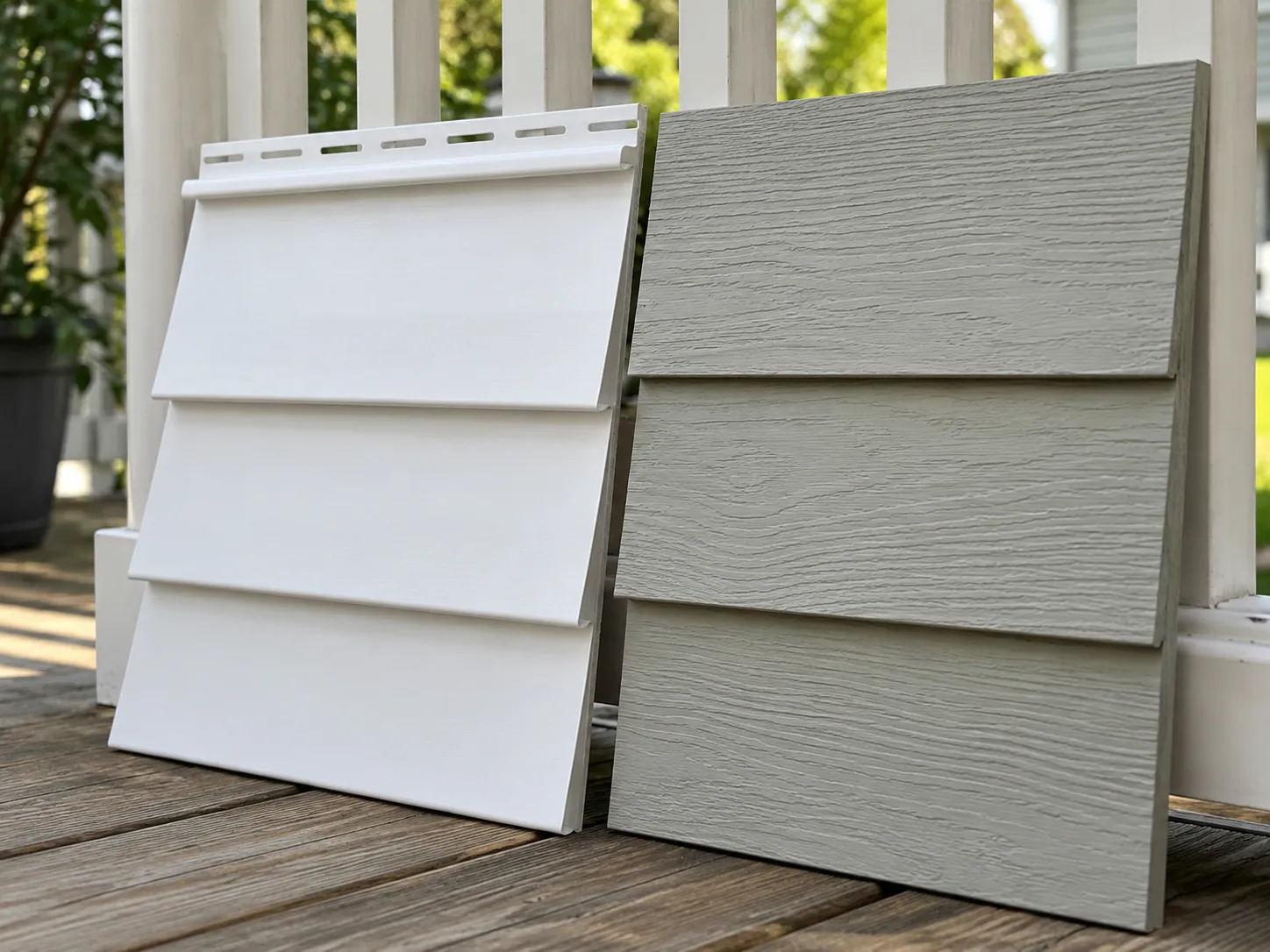 Vinyl siding and Hardie board fiber cement siding compared side by side