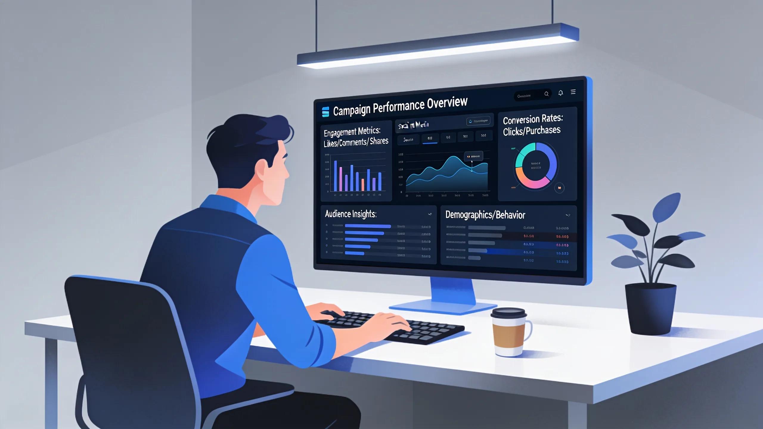 Marketer analyzing automated reporting dashboards for social media campaign insights at a digital workspace