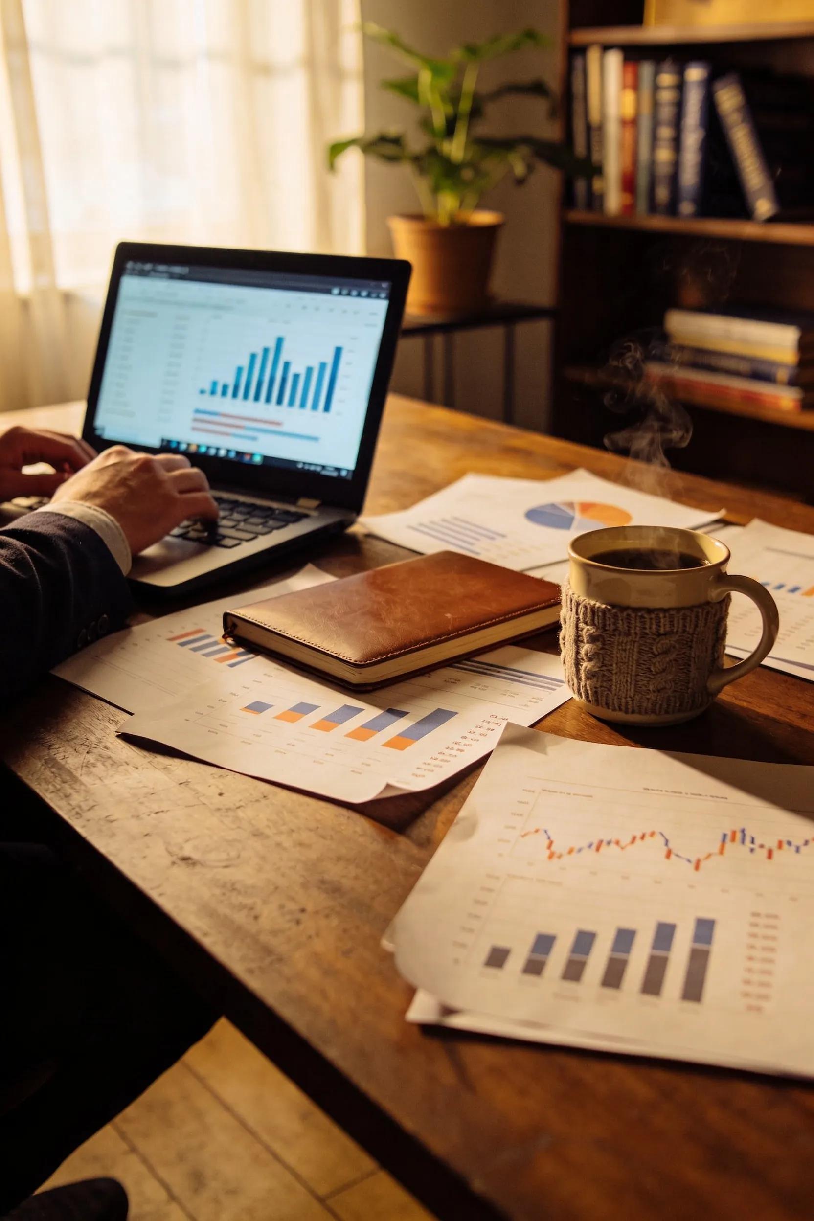 Business owner assessing fundability score in a cozy workspace Business owner assessing fundability score in a cozy workspace
