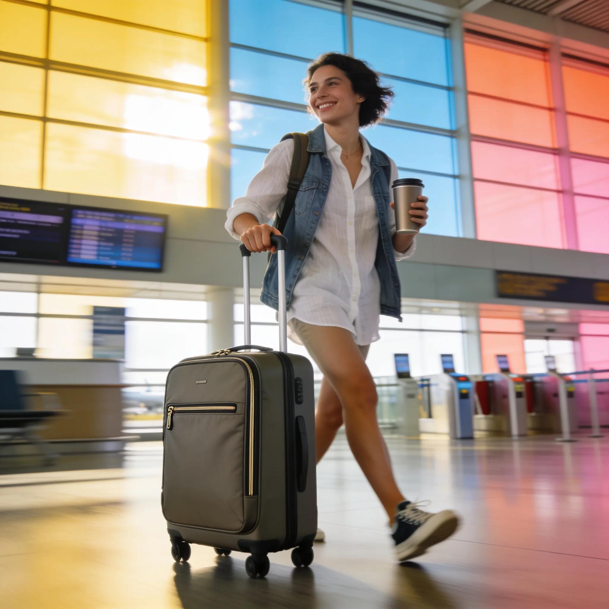 Traveler with a stylish carry-on suitcase happily navigating the airport