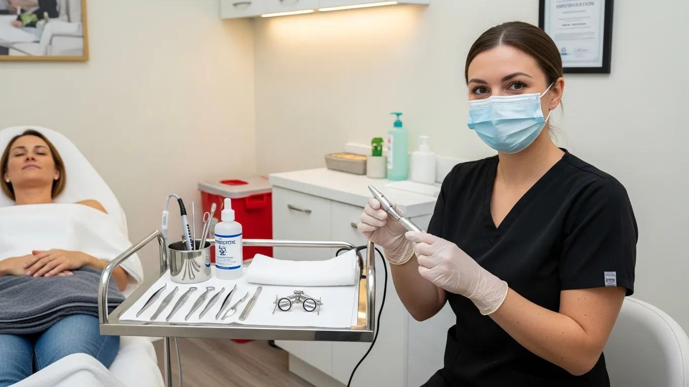 Electrologist in a clean treatment room demonstrating safety protocols for electrolysis procedures