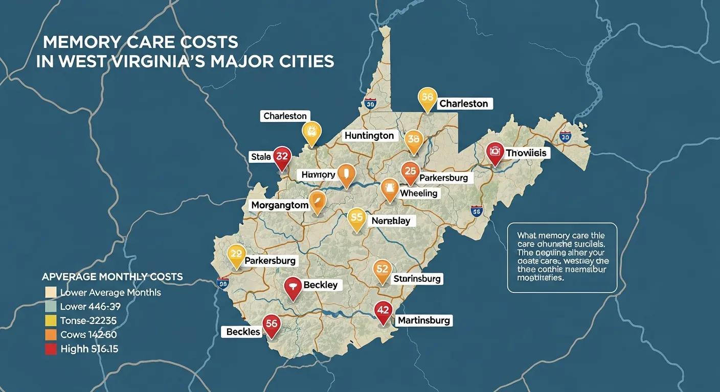 Map of West Virginia showing memory care costs in major cities Map of West Virginia showing memory care costs in major cities