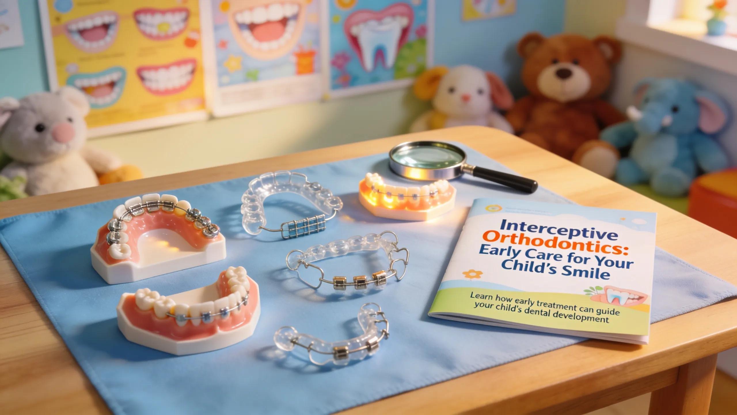 Different orthodontic appliances displayed in a pediatric dental office, illustrating interceptive orthodontics for kids