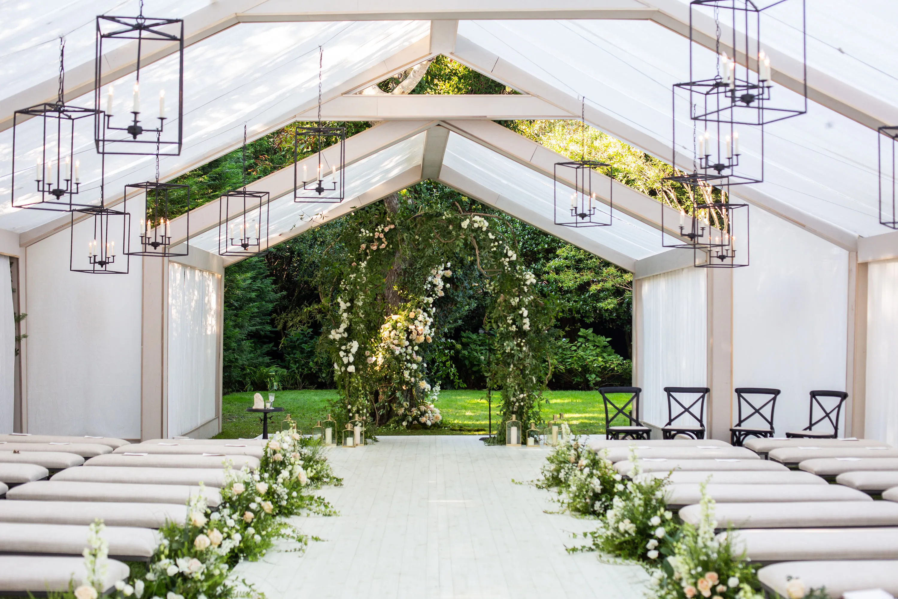Corporate event tent featuring professional power distribution and lighting systems