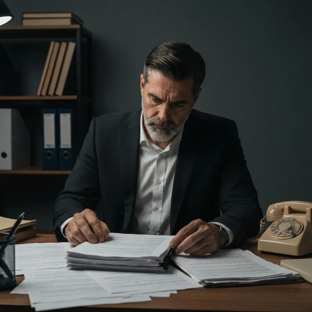 Private investigator in a quiet office reviewing documents for a people‑tracing enquiry